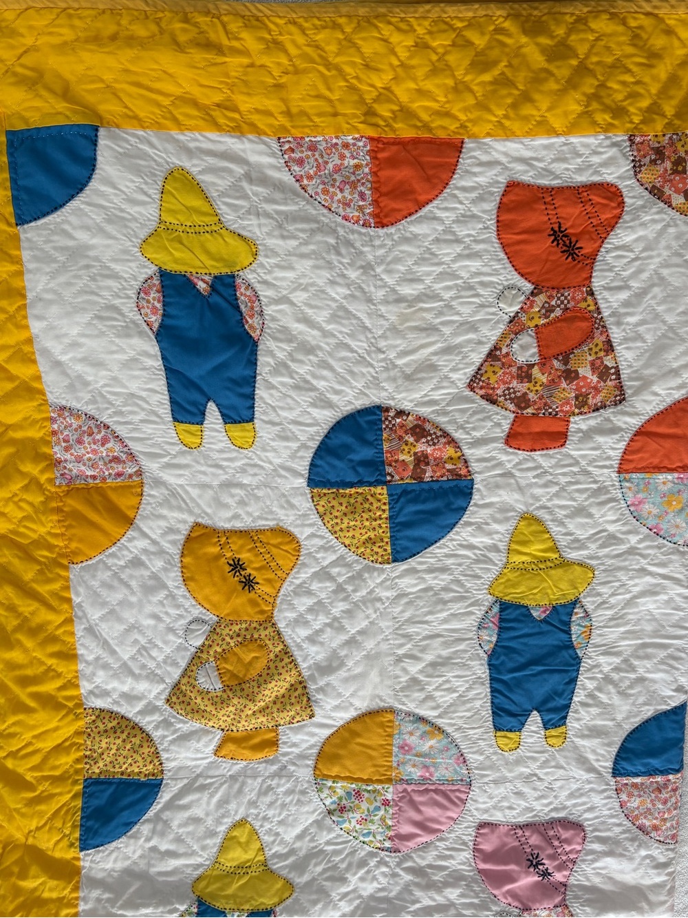 Vintage Quilt Sun Bonnet Sue Design, 83 x 137 inches. Yellow Blue Orange Green